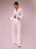 Autumn Slim Sexy Hollow Jacquard Lace Two Piece Pants Set
