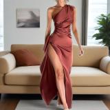 Women's Sexy Slit Slash Shoulder Sleeveless Evening Dress