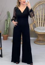 Long Women's Mesh Sleeves V-Neck Slim Fashion Jumpsuit Long Women's Mesh Sleeves V-Neck Slim Fashion Jumpsuit
