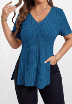 Spring and Summer Fashion Women's V-Neck Ribbed Short-Sleeve Pullover T-Shirt Spring and Summer Fashion Women's V-Neck Ribbed Short-Sleeve Pullover T-Shirt
