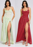 Women Sexy Floral Strap High Slit Long Dress