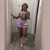 Spring Fashion Women's Sexy Turndown Collar Ribbed Print Top Cake Shorts Set