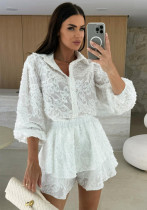 Summer Women's Casual Long-Sleeve Lace Two Piece Shorts Set