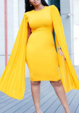 Women's Fashion Solid Color Round Neck Pleated Shawl Sleeve Formal Party Evening Dress