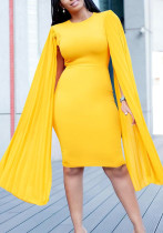 Women's Fashion Solid Color Round Neck Pleated Shawl Sleeve Formal Party Evening Dress Women's Fashion Solid Color Round Neck Pleated Shawl Sleeve Formal Party Evening Dress