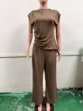 Women Summer Solid Irregular Top and Pants Two-piece Set