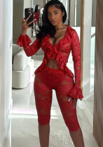 Spring Women's Sexy Solid Color Hollow Lace Two-Piece Shorts Set