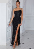 Sexy Strap Slash Shoulder Black Sequin High Slit Evening Dress
