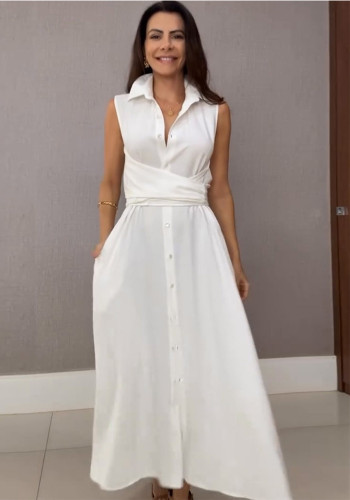 Summer Women's V-Neck Sleeveless Slim Waist Long Dress