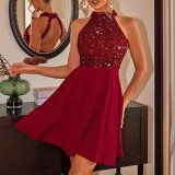 Summer Fashion Women's Beaded Halter Neck Short Dress