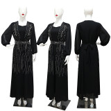 Muslim Women Elegant Beaded Belt Evening Dress with Robe Dubai Abaya