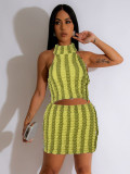 Women's Summer Halter Neck Low Back Crop Top and Skirt Two Piece Set