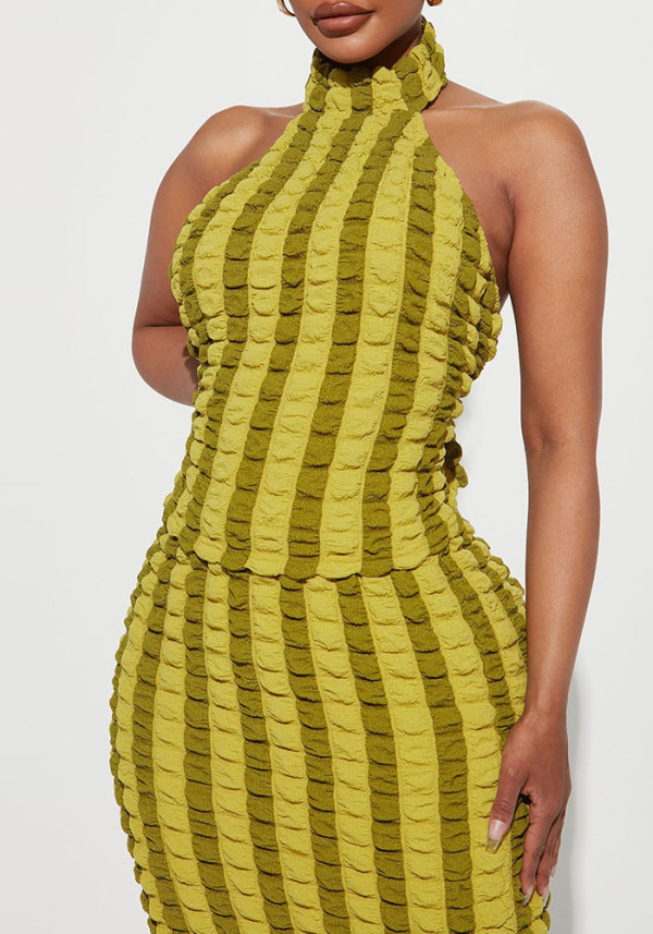 Women's Summer Halter Neck Low Back Crop Top and Skirt Two Piece Set