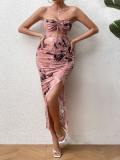 Spring and Summer Women's Strapless Halter Low Back Print Slim Dress