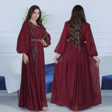 Muslim Women Elegant Beaded Belt Evening Dress with Robe Dubai Abaya