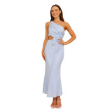 Summer Fashion Women's Sexy Slash shoulder Solid Color Slim Dress