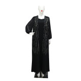 Muslim Women Elegant Beaded Belt Evening Dress with Robe Dubai Abaya