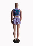 Spring Fashion Women's Sexy Turndown Collar Ribbed Print Top Cake Shorts Set