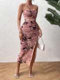 Spring and Summer Women's Strapless Halter Low Back Print Slim Dress