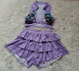 Spring Fashion Women's Sexy Turndown Collar Ribbed Print Top Cake Shorts Set