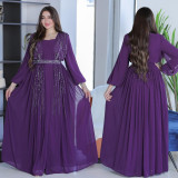 Muslim Women Elegant Beaded Belt Evening Dress with Robe Dubai Abaya