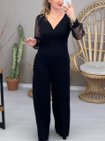 Long Women's Mesh Sleeves V-Neck Slim Fashion Jumpsuit