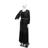 Muslim Women Elegant Beaded Belt Evening Dress with Robe Dubai Abaya