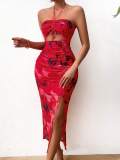 Spring and Summer Women's Strapless Halter Low Back Print Slim Dress