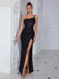 Sexy Strap Slash Shoulder Black Sequin High Slit Evening Dress