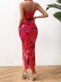 Spring and Summer Women's Strapless Halter Low Back Print Slim Dress