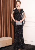 Sequin Tassel Chic Evening Dress Sexy See-Through Formal Party Long Gown