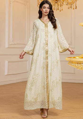 Spring Fashion Muslim Robe Jacquard Chiffon Sequin Abaya Dress