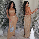 Women's Strapless Beaded Two-Piece Bodycon Skirt Set