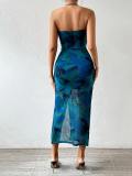 Spring and Summer Women's Strapless Halter Low Back Print Slim Dress