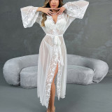 Sexy Mesh Lace Belt Hooded Bathrobe Homewear