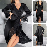 Women's V-Neck Sequin Long Sleeves Satin Nightgown