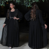 Muslim Women Elegant Beaded Belt Evening Dress with Robe Dubai Abaya