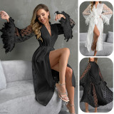 See-Through Mesh Pajamas Nightgown Feather Long Sleeves Homewear
