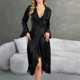 Women's V-Neck Sequin Long Sleeves Satin Nightgown