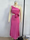 Summer Fashion Women's Sexy Slash shoulder Solid Color Slim Dress