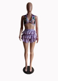 Spring Fashion Women's Sexy Turndown Collar Ribbed Print Top Cake Shorts Set