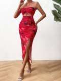 Spring and Summer Women's Strapless Halter Low Back Print Slim Dress