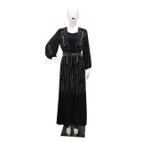 Muslim Women Elegant Beaded Belt Evening Dress with Robe Dubai Abaya