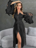See-Through Mesh Pajamas Nightgown Feather Long Sleeves Homewear