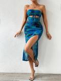 Spring and Summer Women's Strapless Halter Low Back Print Slim Dress