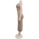 Women's Sexy Beaded Slim Arm Low Back Strapless Dress