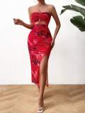 Spring and Summer Women's Strapless Halter Low Back Print Slim Dress