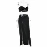 Women Summer Sexy Suspender Strapless Top and Slit Skirt Two-Piece Set