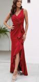 Women V-Neck Sleeveless Elegant Ruffle Slit Maxi Evening Dress