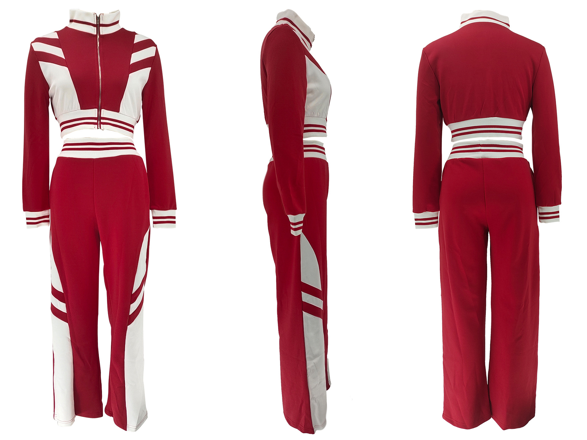 Women autumn and winter high collar zipper Top and Contrast Color trousers Two Piece Set